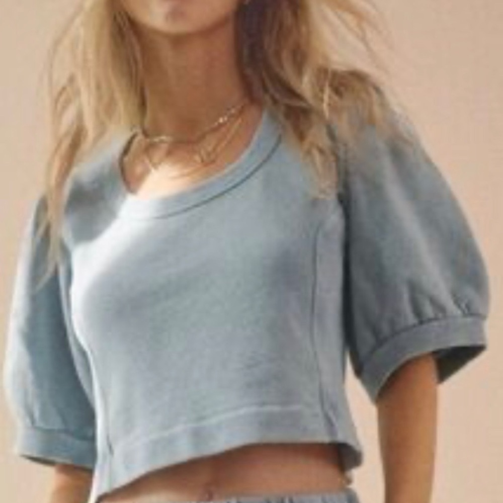 Aerie Cropped Puff Sleeve Top in Light Blue - Women's